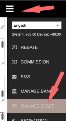Burger menu with MANAGE STAFF highlighted